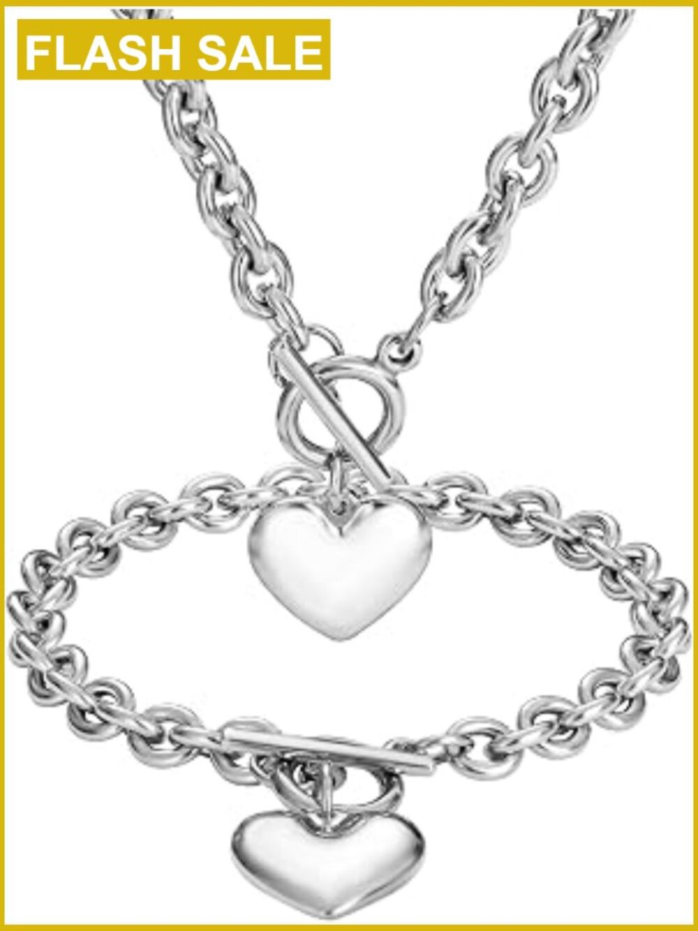 Heart Chain Necklace & Bracelet Jewelry Set Stainless Steel